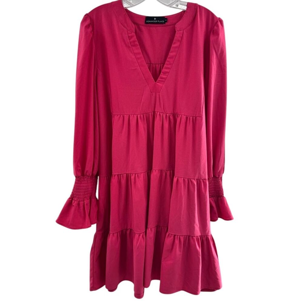 Pomander Place Tuckernuck Kenzo Tiered Dress Plus Sz 2XL Hot Pink Bell LS V-Neck
